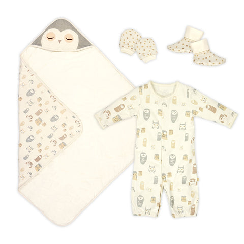 Night Owl Blanket, sleeping gown, booties and mitten set