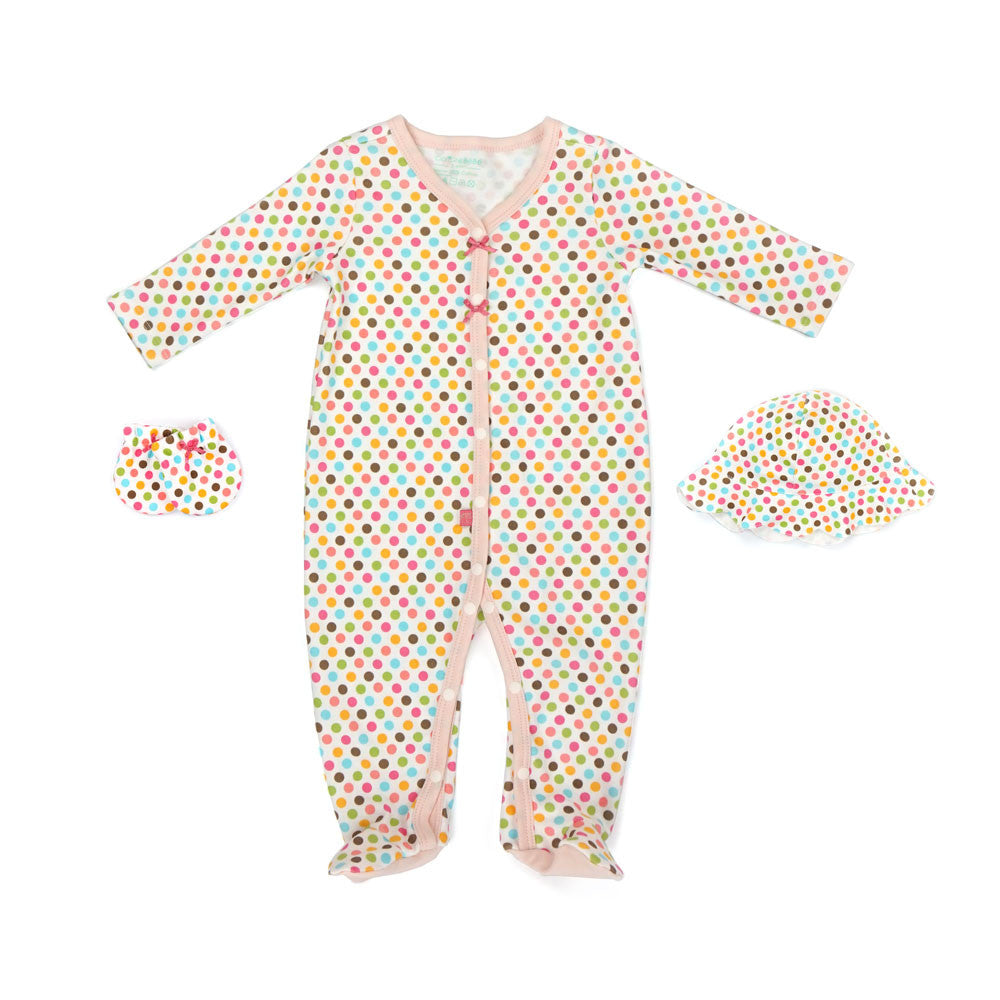 Cheerful Rainbow Long Sleeve Romper, Mittens and Hat 3-piece set